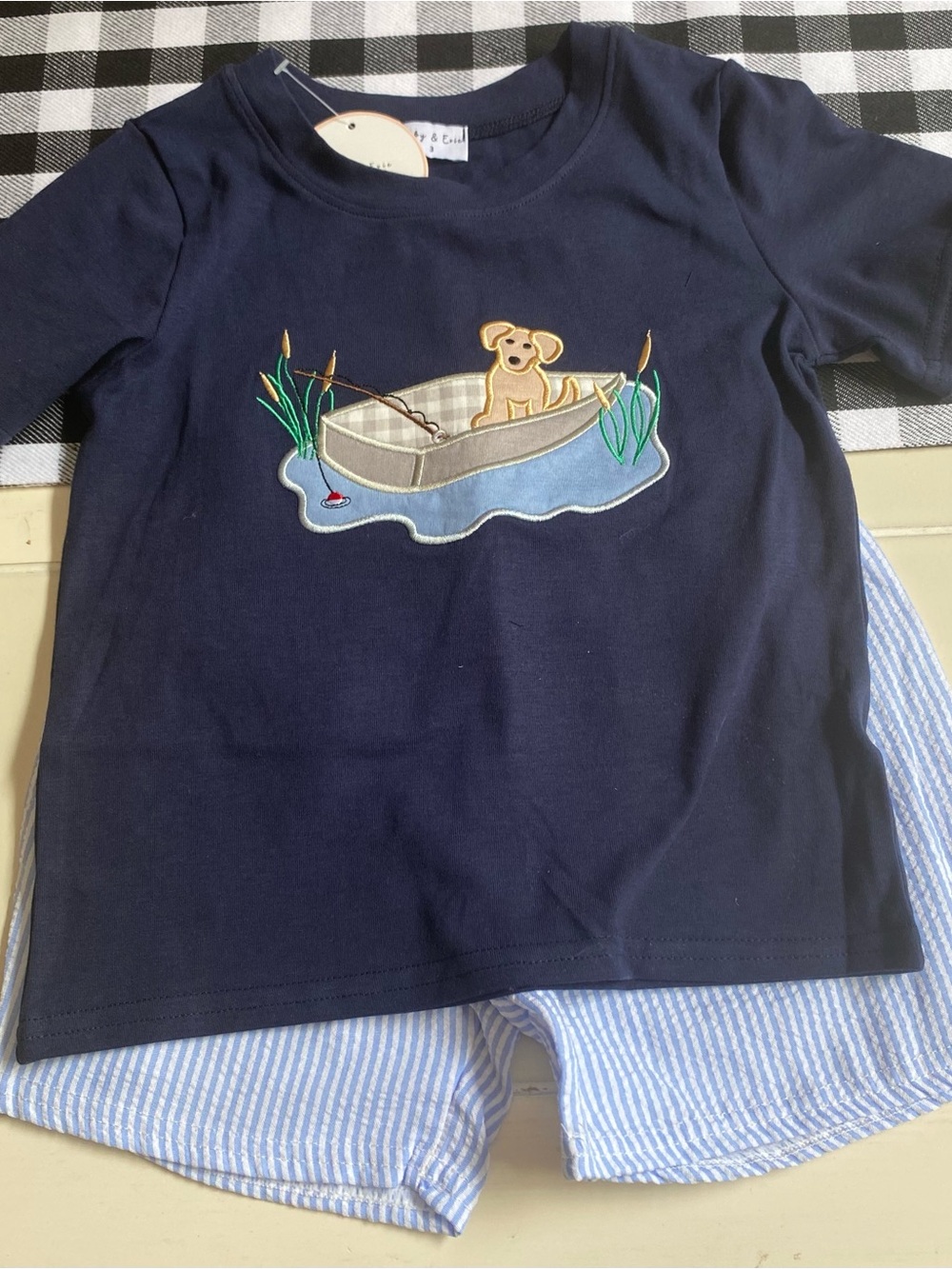 Abby & Evie Navy Puppy Boat Applique Tee & Striped Seersucker Short NWT Size 3